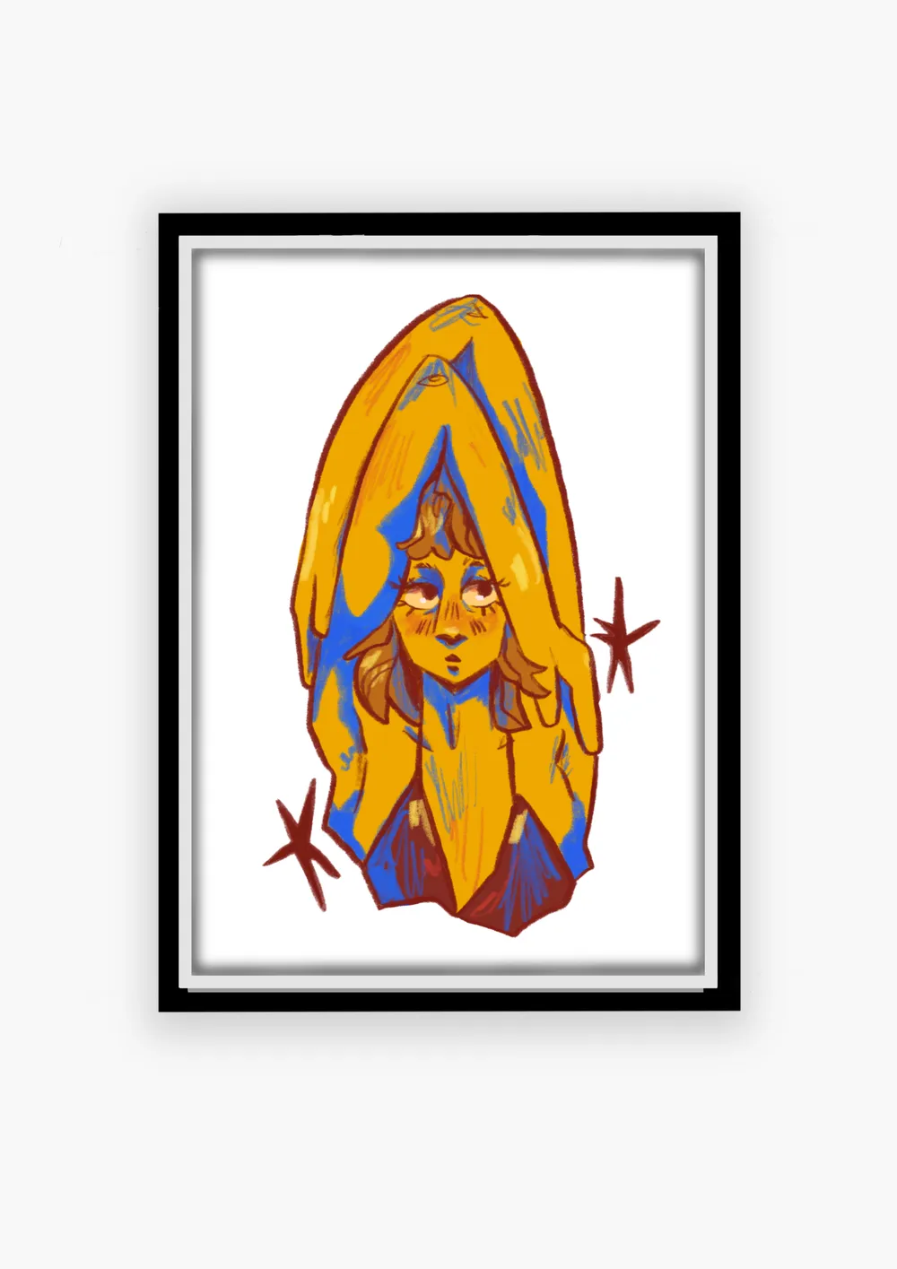 Ilustración enmarcada de una chica envuelta en una capucha amarilla
