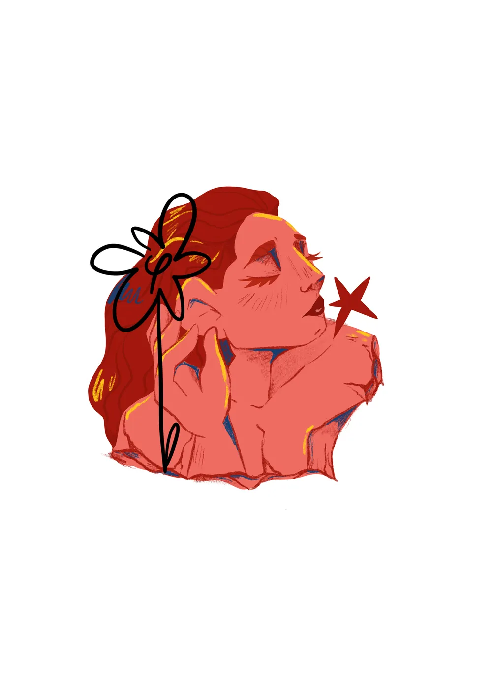 Diseño de pegatina de una chica con tonos rojos y azules