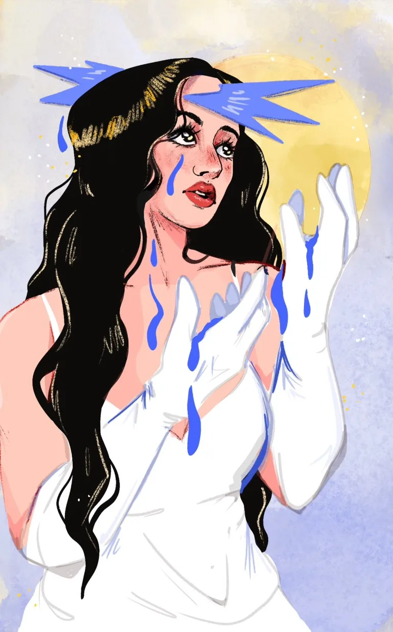 Ilustración original de una mujer con diadema azul y guantes blancos